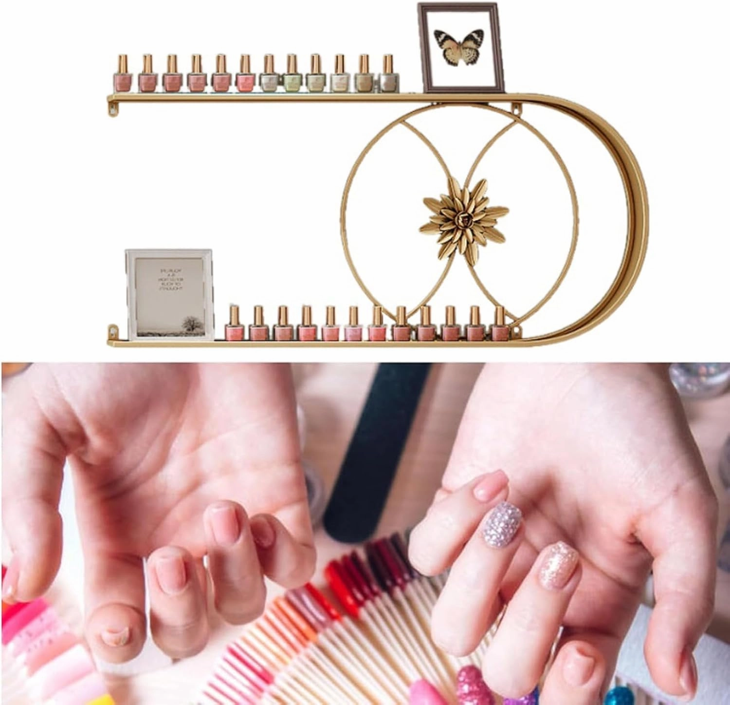 U Shape Metal Wall Mounted Nail Polish Storage Racks, Essential Oil Display Shelf Cosmetic Lipstick Perfume Organizer for Salon Beauty Nail Shop,Gold,8 Piece Set