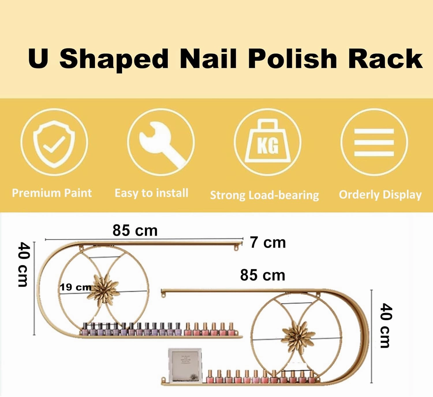 U Shape Metal Wall Mounted Nail Polish Storage Racks, Essential Oil Display Shelf Cosmetic Lipstick Perfume Organizer for Salon Beauty Nail Shop,Gold,8 Piece Set