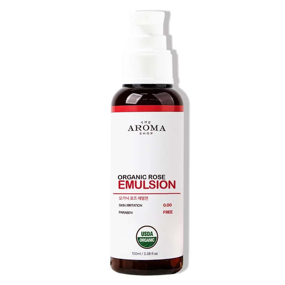 [USDA] TheAromaShop Organic Rose Emulsion, Hydrating Non-Greasy Formula with Rose, Aloe & Jojoba Oil - Targets Dryness & Strengthens Skin Barrier, 3.38 fl oz (100 ml)