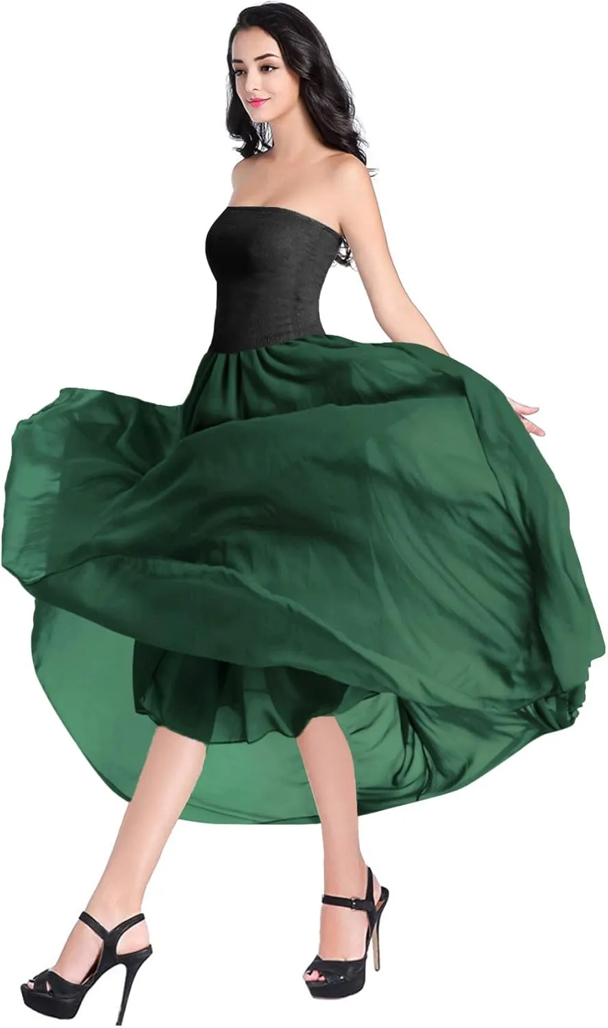 v28 Women Full/Ankle Length Elastic Pleated Retro Maxi Chiffon Long Skirt