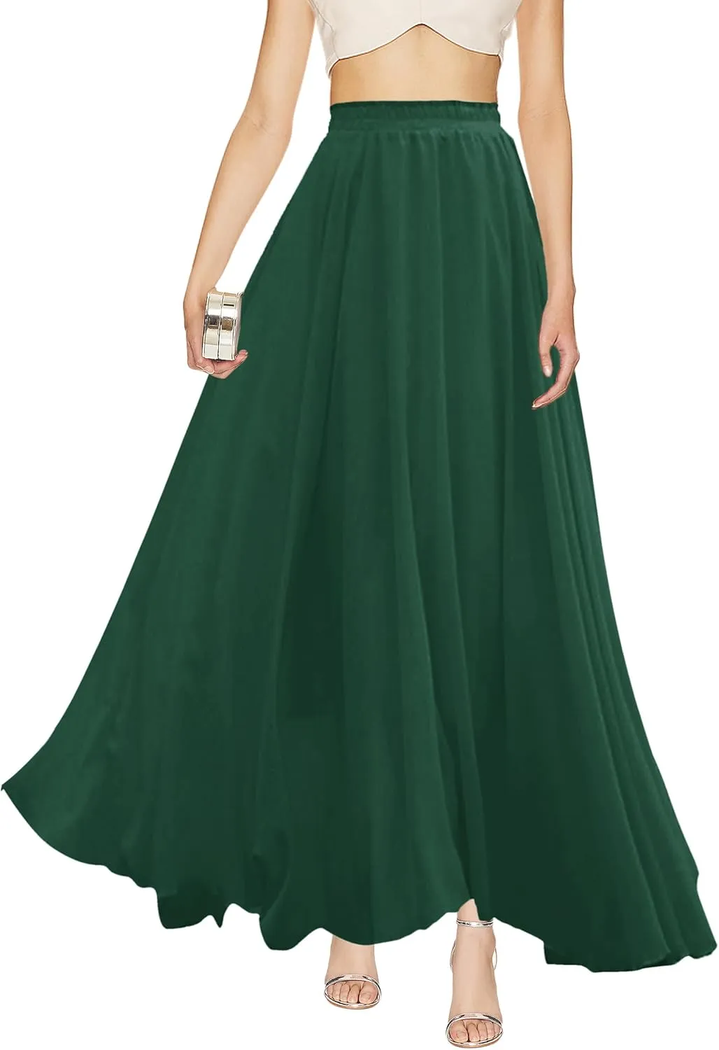 v28 Women Full/Ankle Length Elastic Pleated Retro Maxi Chiffon Long Skirt