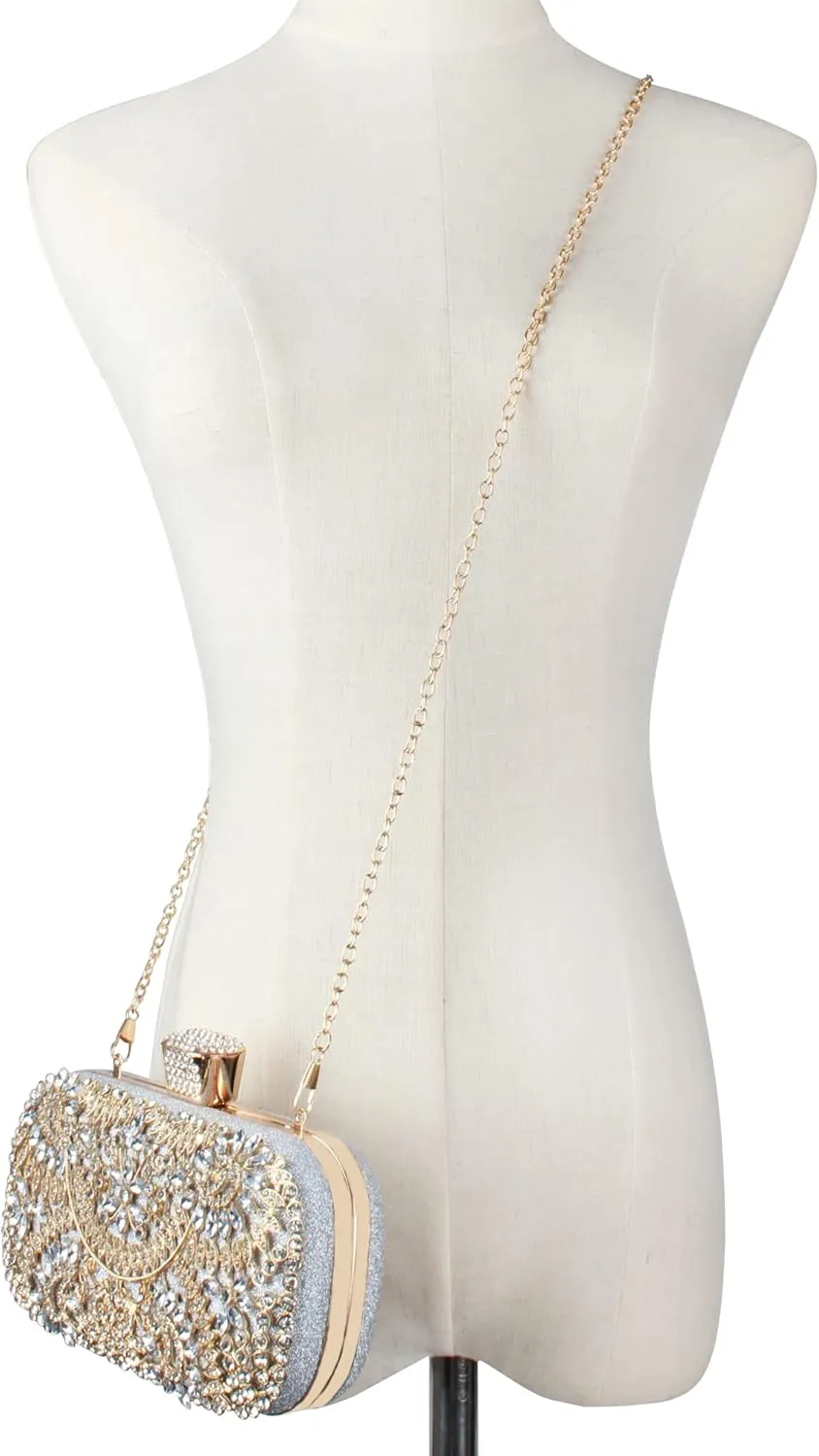 Van Caro Womens Metal Clutch Geometric Evening Handbag Diamond Chain Purse