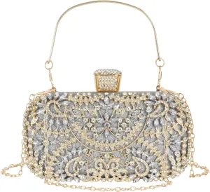 Van Caro Womens Metal Clutch Geometric Evening Handbag Diamond Chain Purse