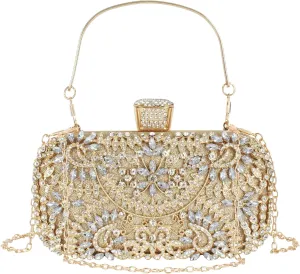 Van Caro Womens Metal Clutch Geometric Evening Handbag Diamond Chain Purse