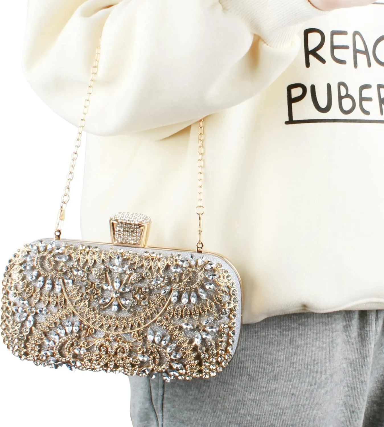 Van Caro Womens Metal Clutch Geometric Evening Handbag Diamond Chain Purse
