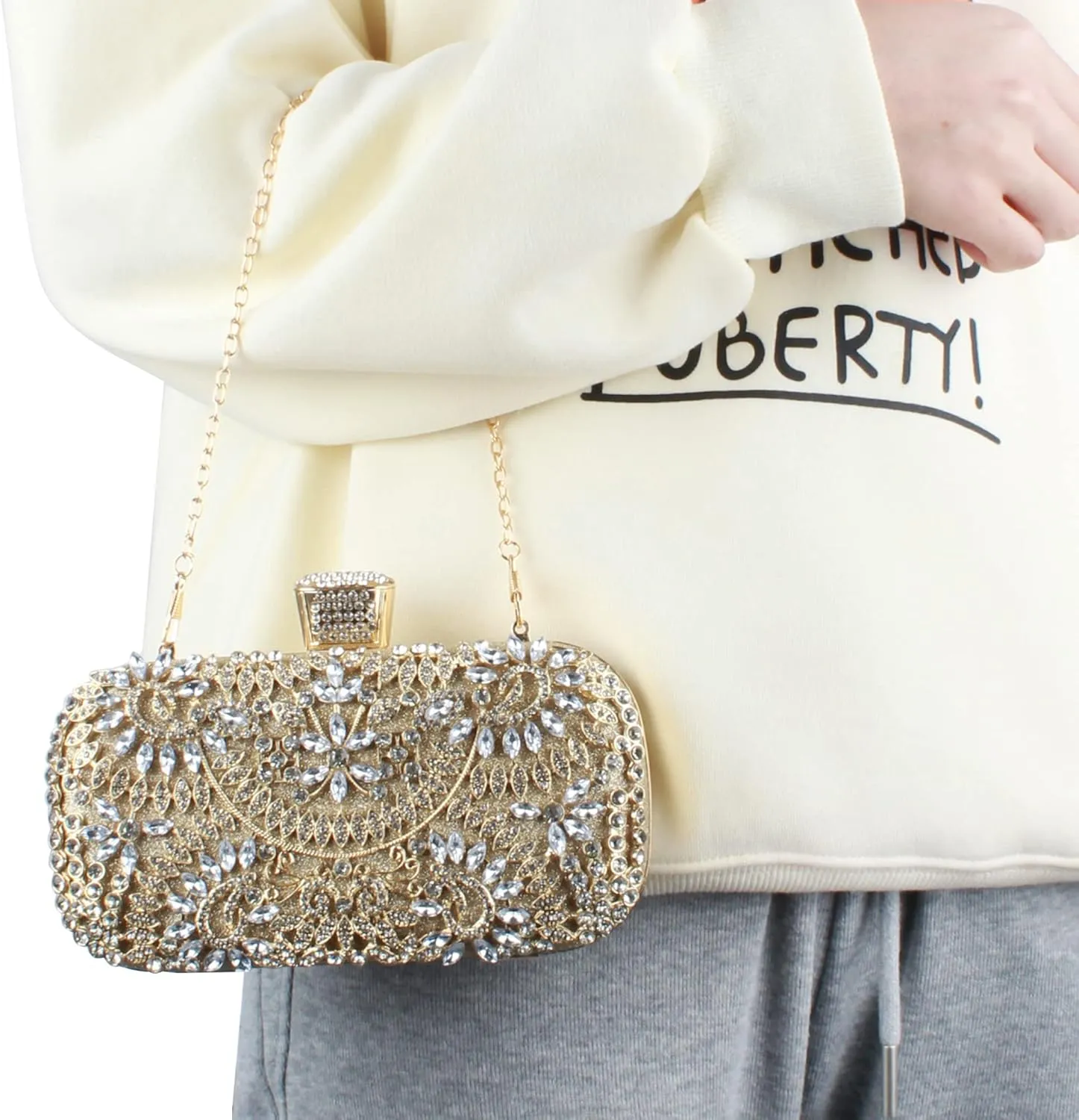 Van Caro Womens Metal Clutch Geometric Evening Handbag Diamond Chain Purse