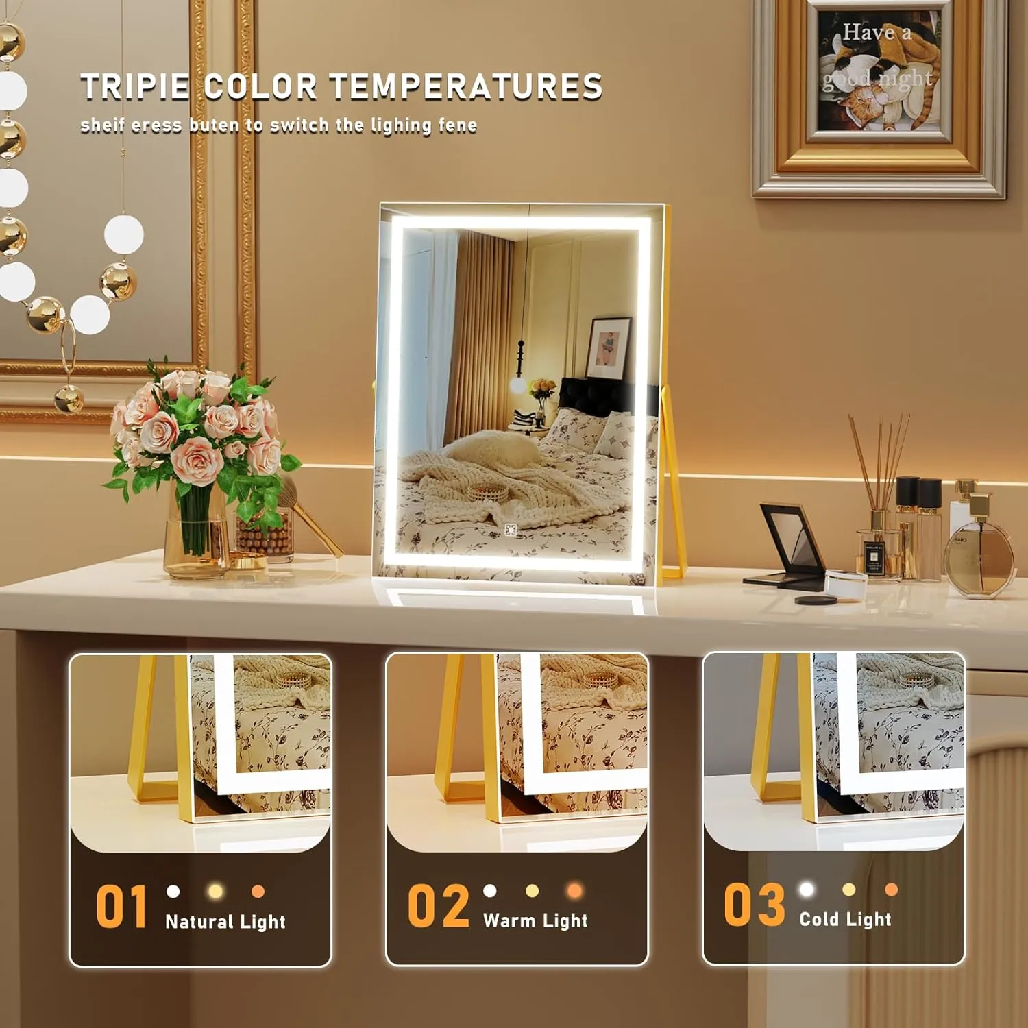 Vanity Mirror with Lights, 11"× 14" LED Makeup Mirror, Lighted Makeup Mirror with Lights, Smart Touch Control Dimmable 3 Modes Light 360°Rotation Gold