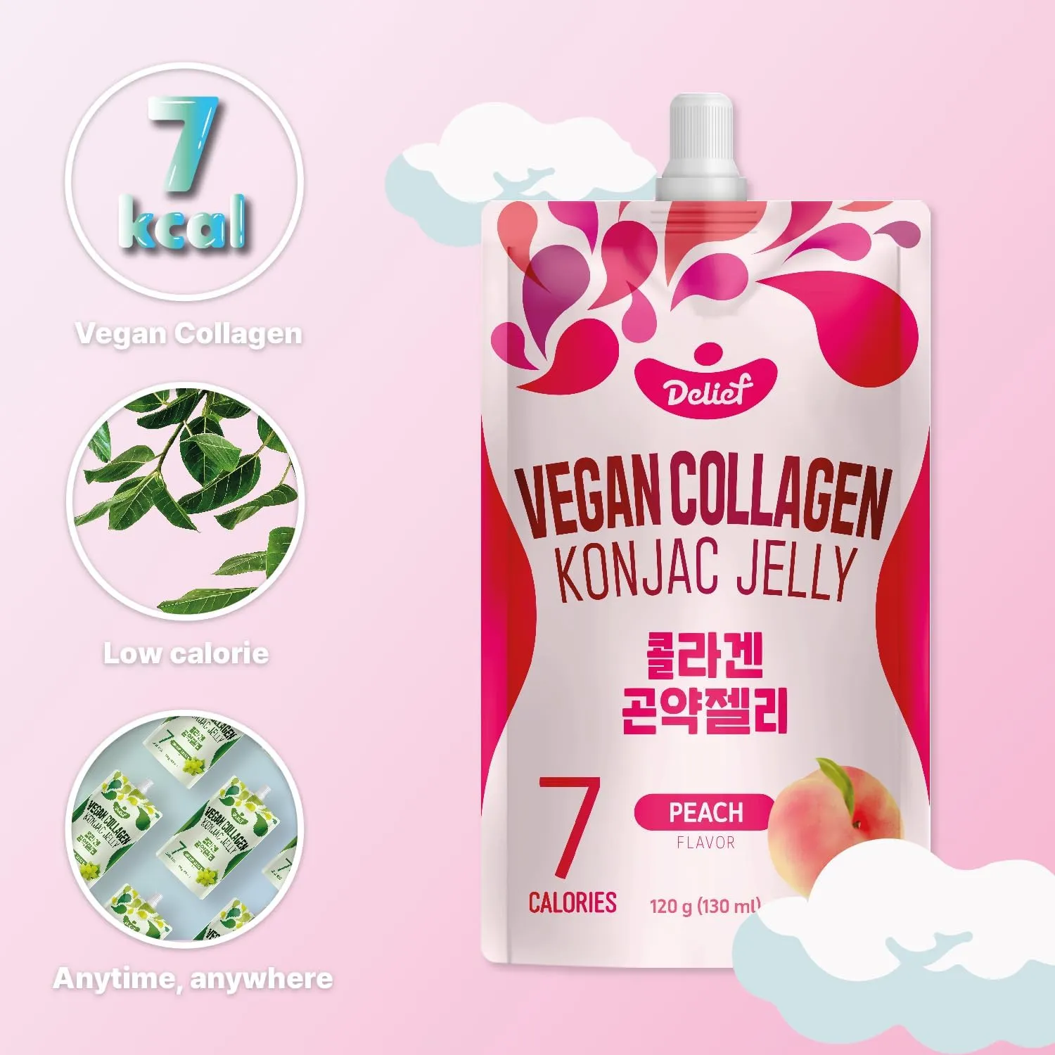 Vegan Collagen Konjac Jelly (Peach Flavor) 120g x 10 Packs – Low-Calorie Fruit Gel Snack, Gluten-Free, Plant-Based, 7 kcal per Pouch