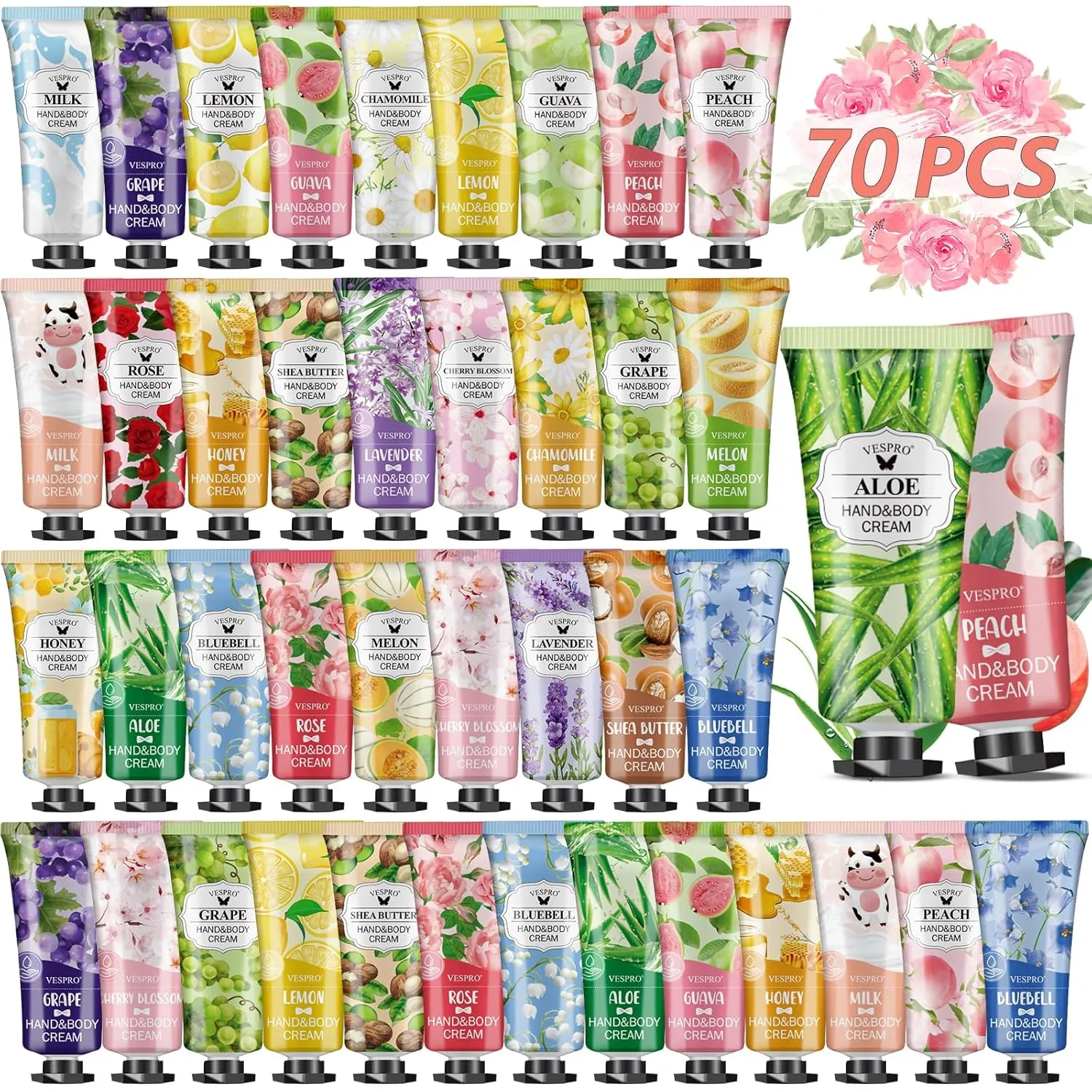 VESPRO 70 Pack Hand Cream Set For Women, Bridal Shower Favors, Thank You Gifts, Bulk Hand Lotion Travel Size for Dry Cracked Hands, Mini Hand Lotion for Bridal Shower Gifts and Birthday Gifts