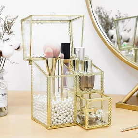 Vintage Makeup Organizer Gold Glass Brush Holder with Lid Storage Dustproof Cosmetics Case with Pearls for Vanity Decoration Jewelry Nail Brush Lipstick