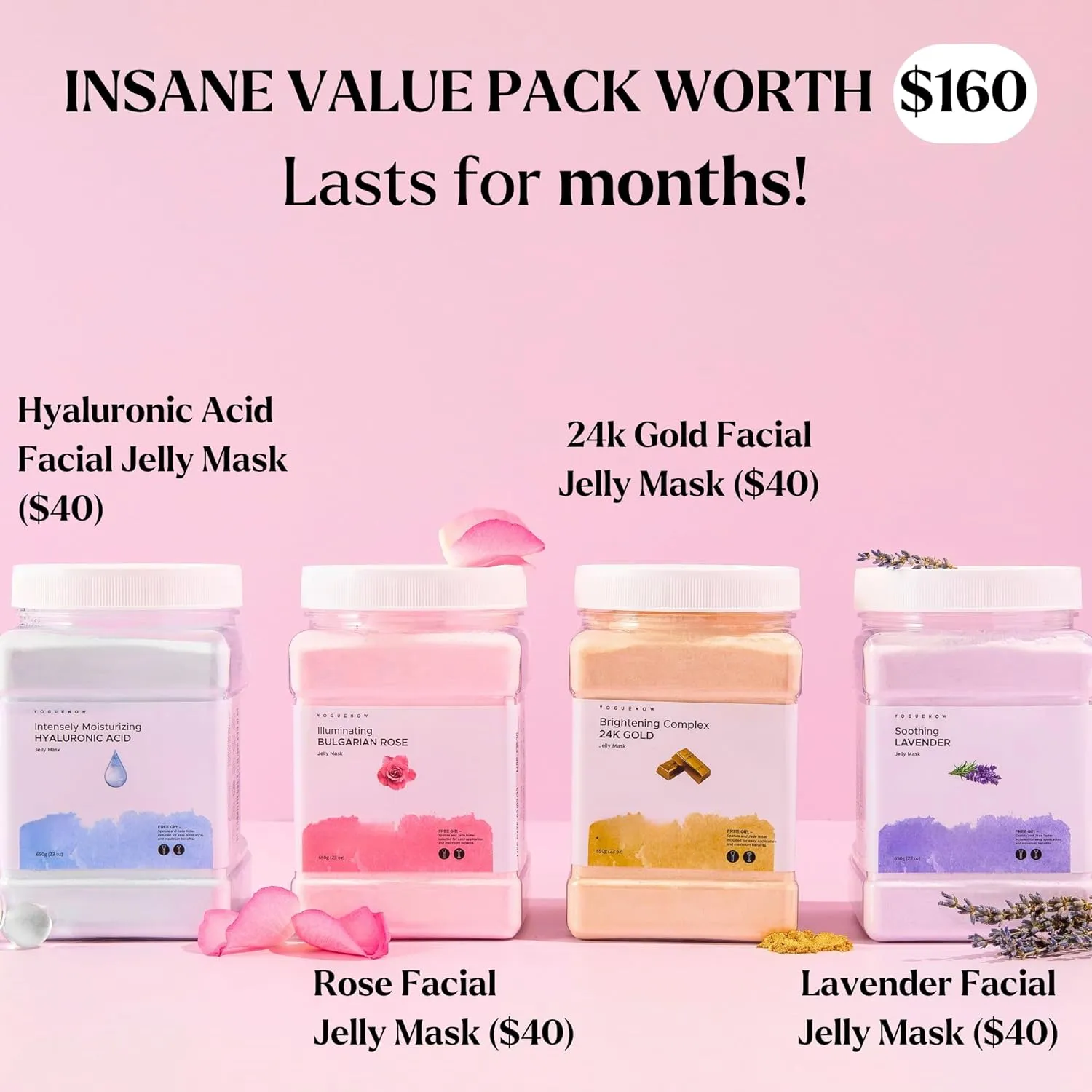 VogueNow Premium Jelly Face Mask for Facials - Bulgarian Rose, 24K Gold, Lavender & Hyaluronic Acid (Pack of 4) - Hydrating, Brightening & Nourishing Jelly Mask | Vajacial | 92 Oz Face Mask Skin Care