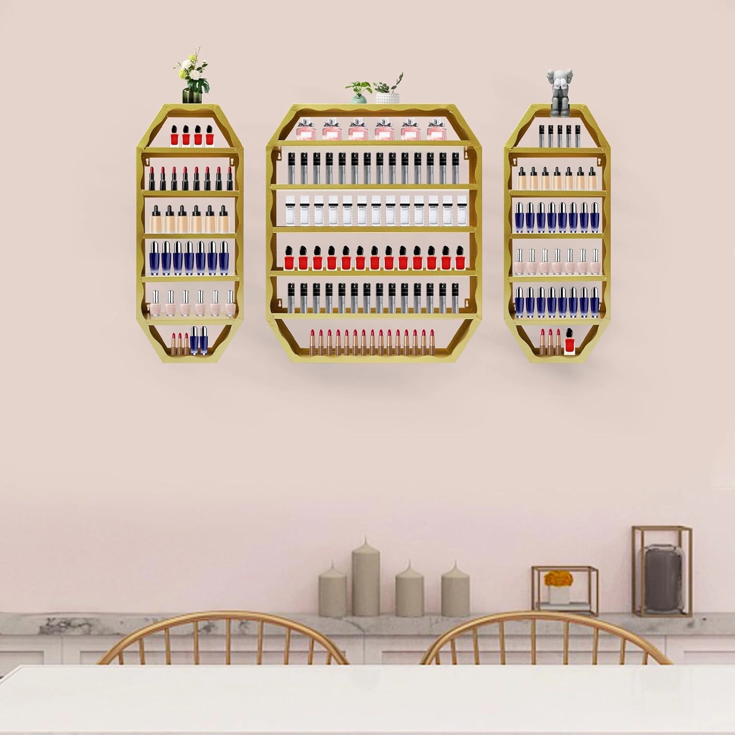 Wall-Mounted Nail Polish Storage Racks, Metal Nail Polish Racks, Multi-tiers Display Rack Cosmetic Display Rack Lipstick Perfume Wall Shelf Essential Oil Organizer for Homes, Nail Salons (Gold)