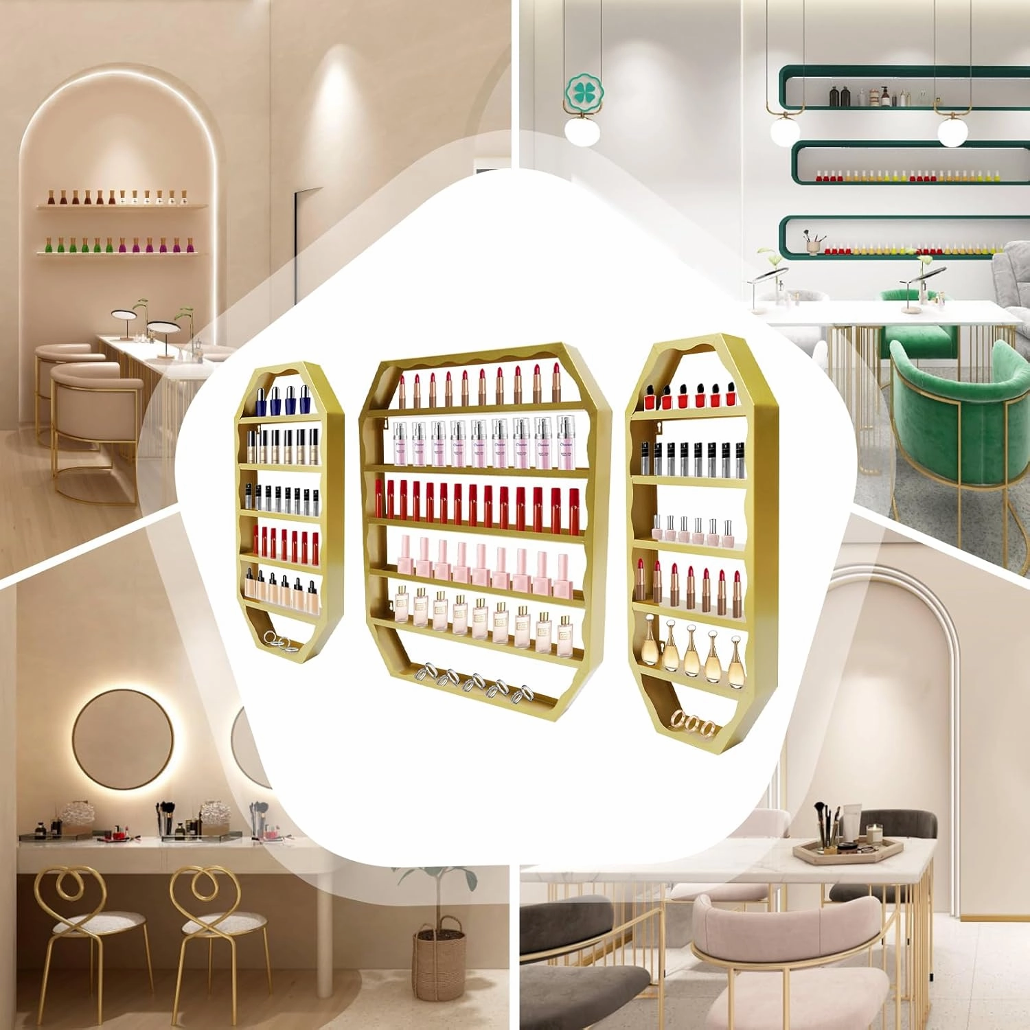 Wall-Mounted Nail Polish Storage Racks, Metal Nail Polish Racks, Multi-tiers Display Rack Cosmetic Display Rack Lipstick Perfume Wall Shelf Essential Oil Organizer for Homes, Nail Salons (Gold)