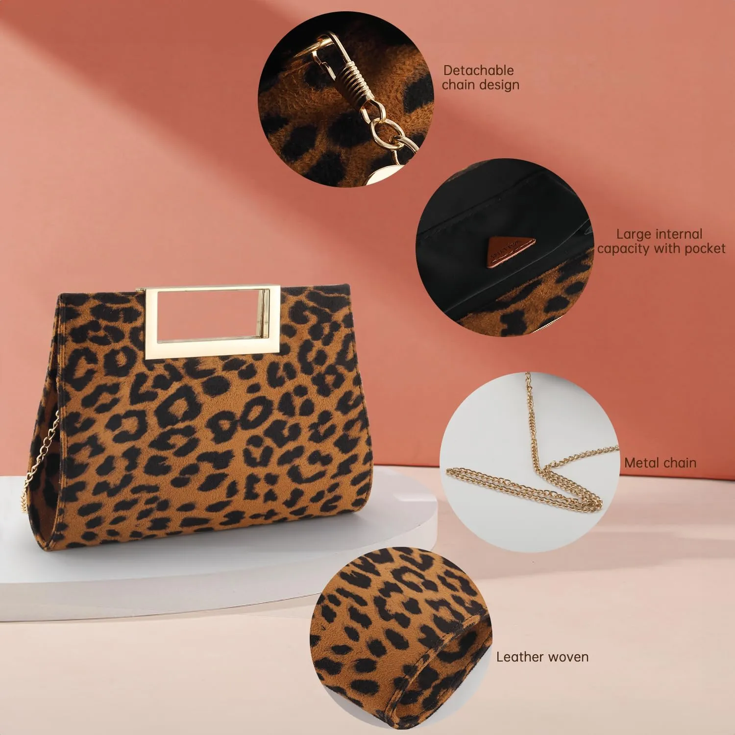 WALLYN'S Clutch Purse for Women PU Leather/Straw Evening Party Metal Grip Cut it out Handbag with Shoulder Chain Strap