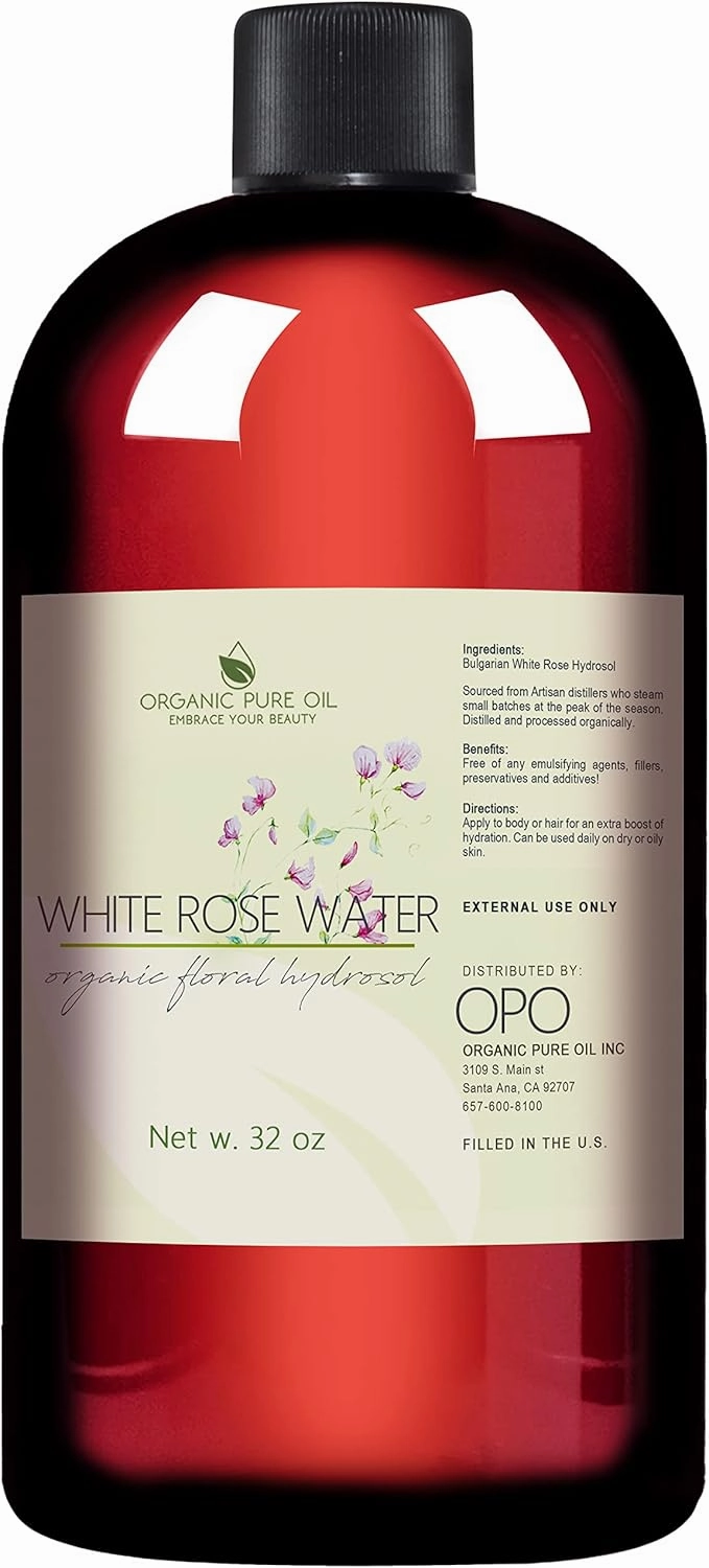 White Rose Water Hydrosol - Pure Natural Distilled Bulgarian Rosewater Vegan Bulk Hydrating Spray Mist Spritz Toner Face Hair Skin Pores Locs Dreads - Packaging May Vary (32 oz)