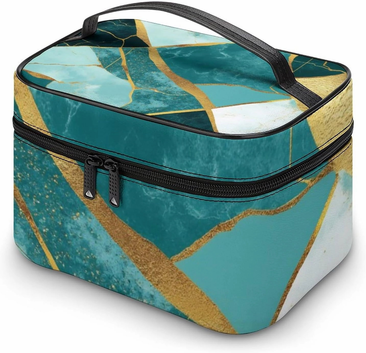 Women's Gold Glitters Marble Turquoise Luxury Texture Cosmetic Storage Bag, Large Capacity Makeup Case with Handle Portable Travel Toiletry Organizer Bag
