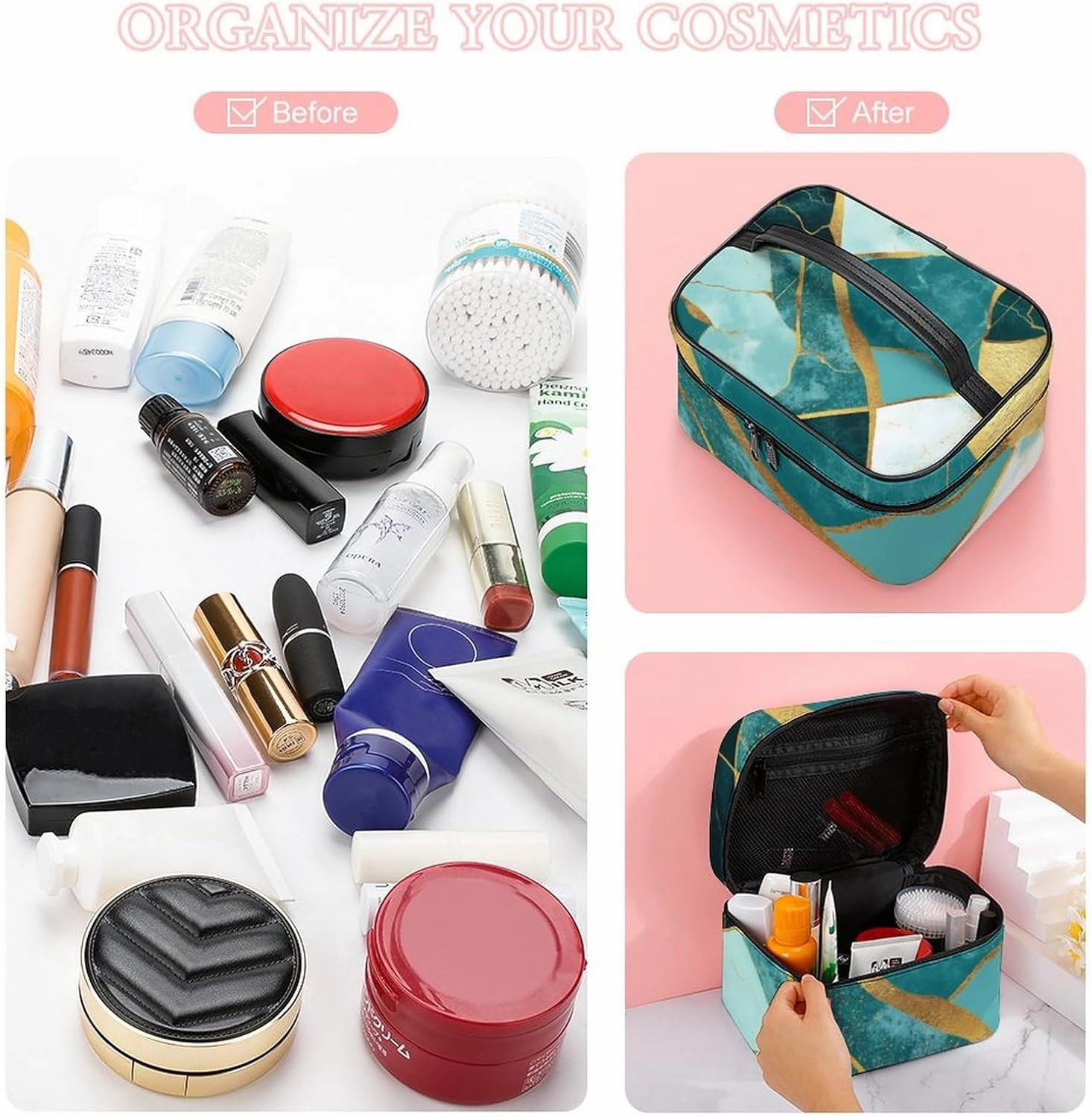 Women's Gold Glitters Marble Turquoise Luxury Texture Cosmetic Storage Bag, Large Capacity Makeup Case with Handle Portable Travel Toiletry Organizer Bag