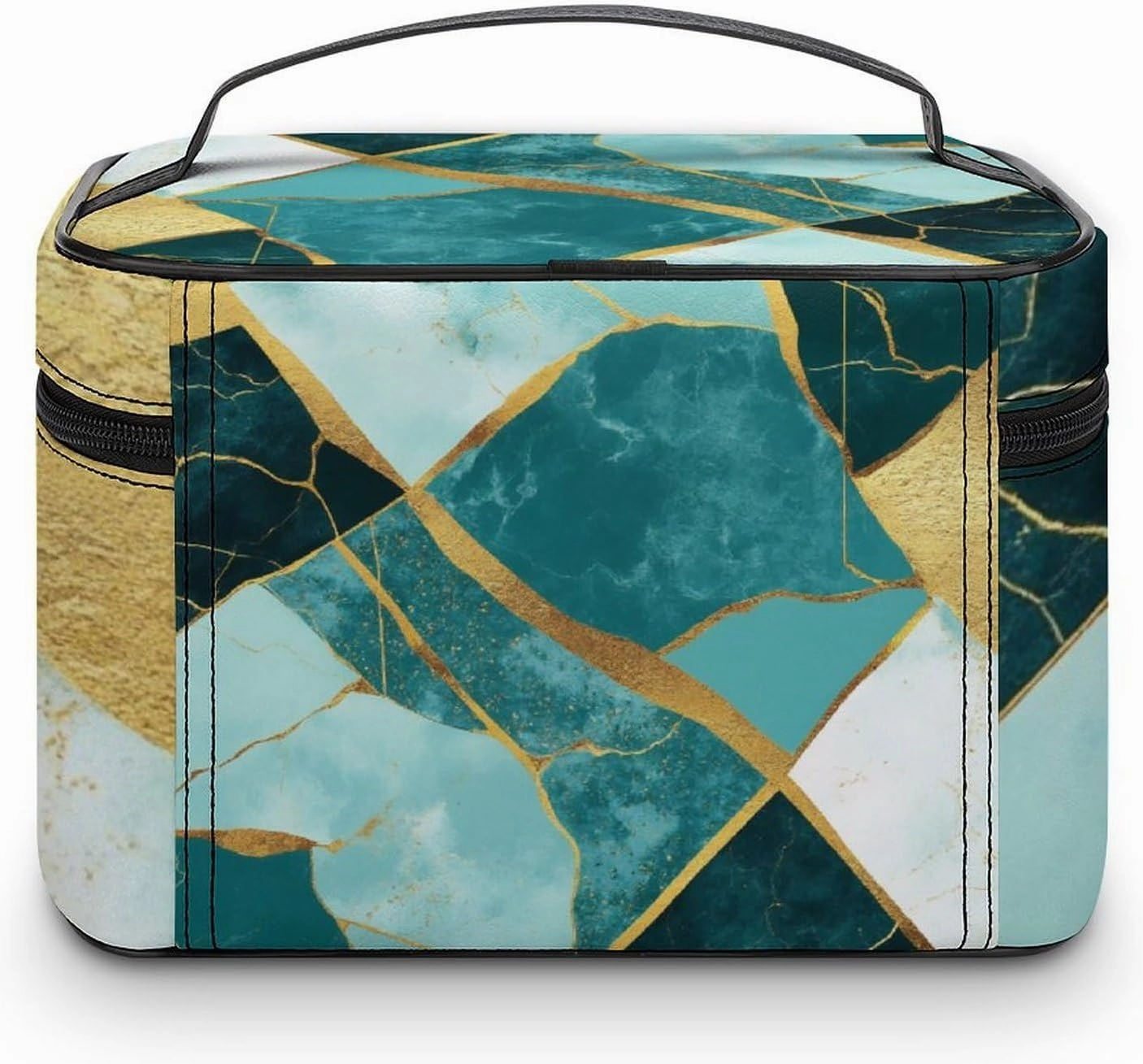 Women's Gold Glitters Marble Turquoise Luxury Texture Cosmetic Storage Bag, Large Capacity Makeup Case with Handle Portable Travel Toiletry Organizer Bag