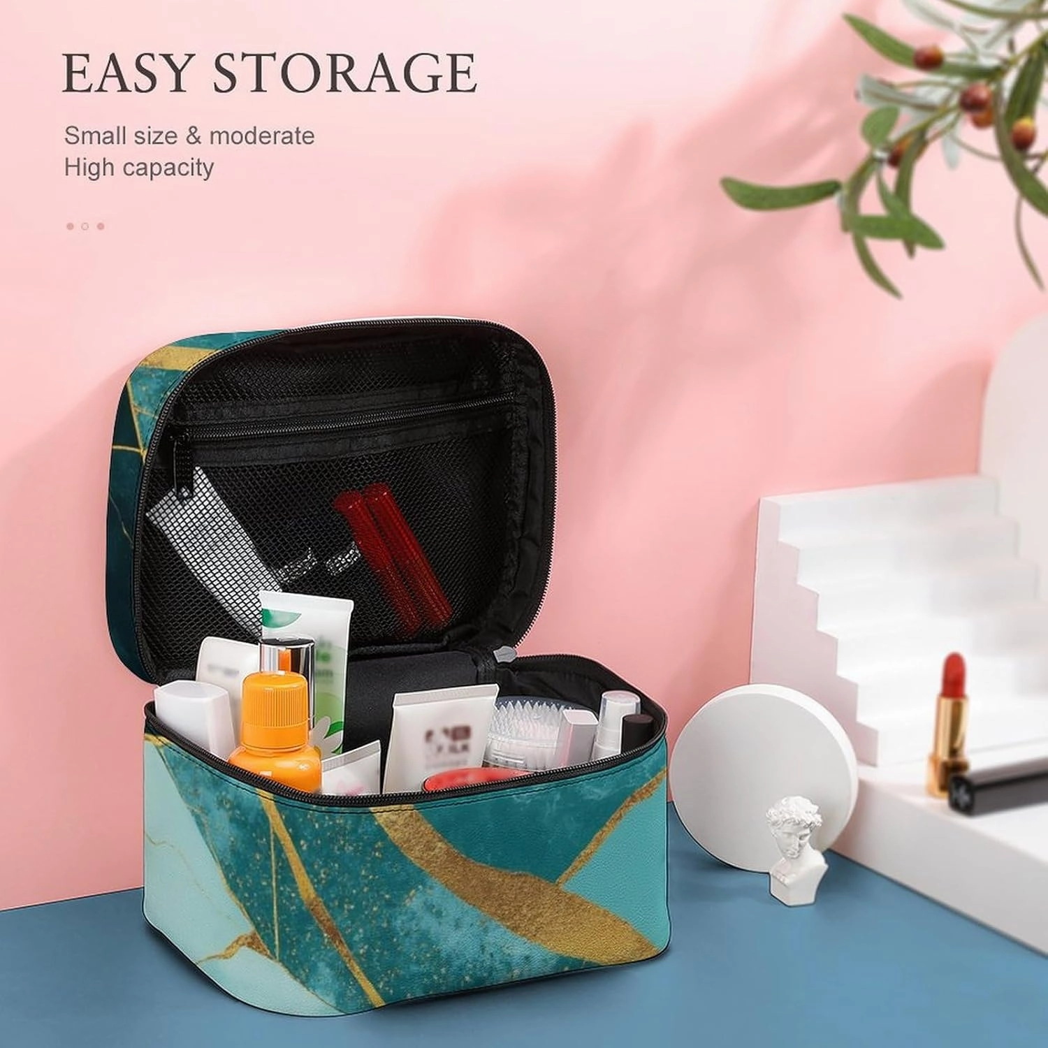 Women's Gold Glitters Marble Turquoise Luxury Texture Cosmetic Storage Bag, Large Capacity Makeup Case with Handle Portable Travel Toiletry Organizer Bag