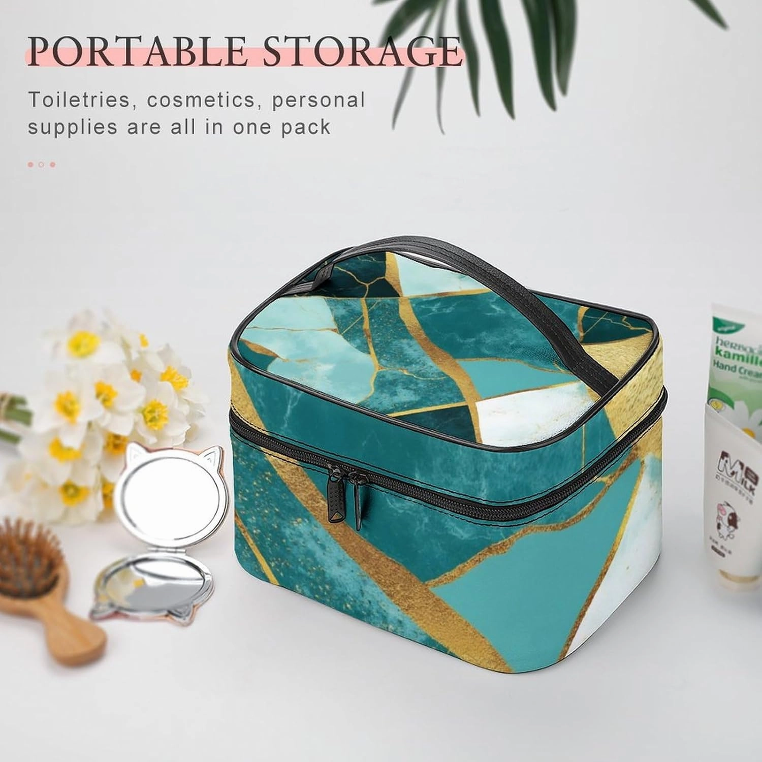Women's Gold Glitters Marble Turquoise Luxury Texture Cosmetic Storage Bag, Large Capacity Makeup Case with Handle Portable Travel Toiletry Organizer Bag