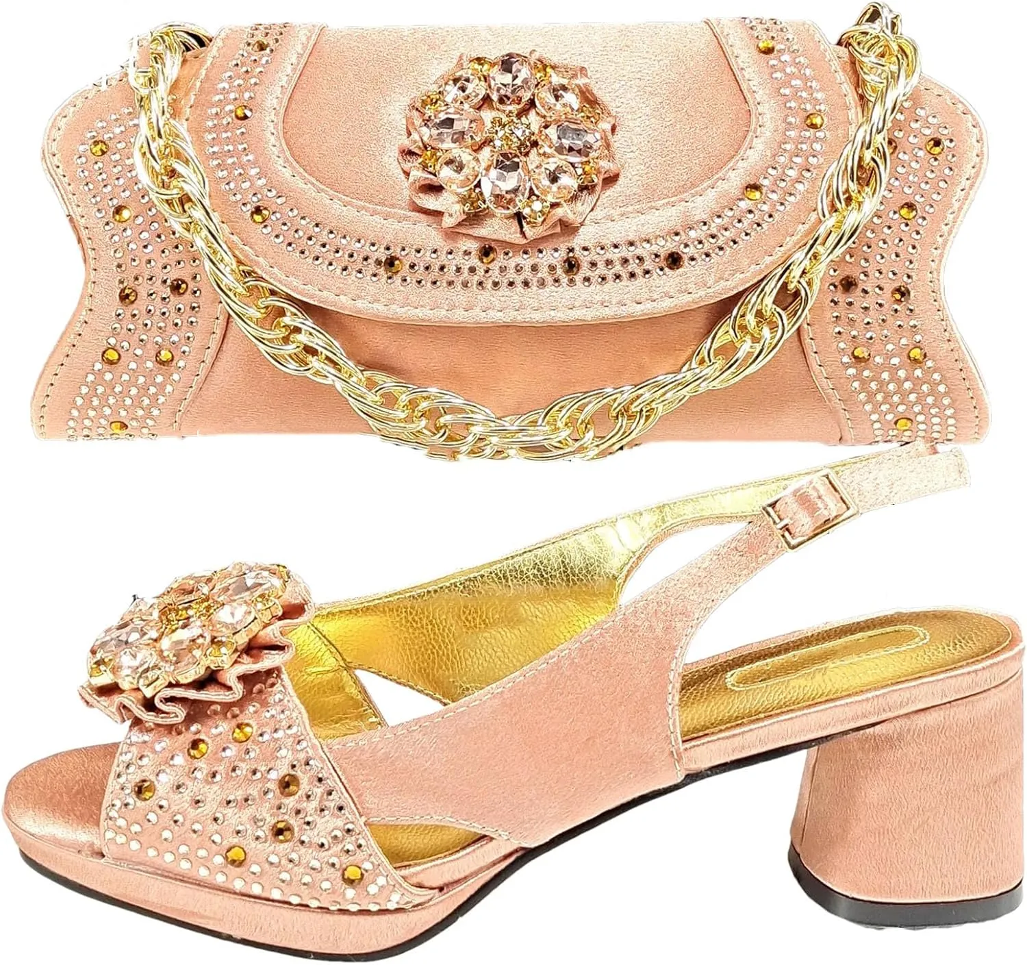Women's Gold INS African-Italian Set - Artisan-Crafted Stilettos & Pearl-Clasp Clutch for Luxury Weddings