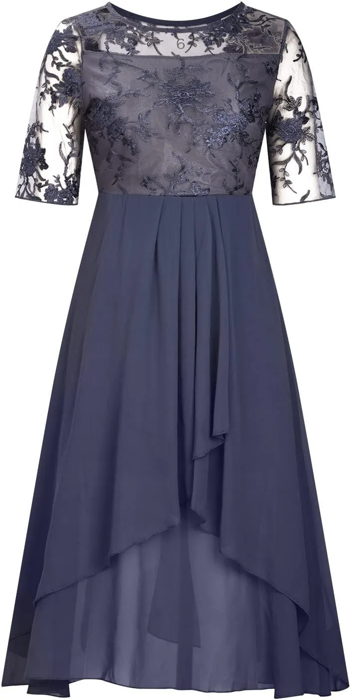 Womens Maxi Dresses 2024 Short Sleeve Crewneck Mother of The Bride Dress Loose Chiffon Lace Sexy Summer Dress