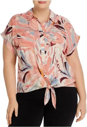 Womens Pink Pocketed Rolled Cuffs Curved Tie Hem Printed Short Sleeve Button Up Top Plus 1X
