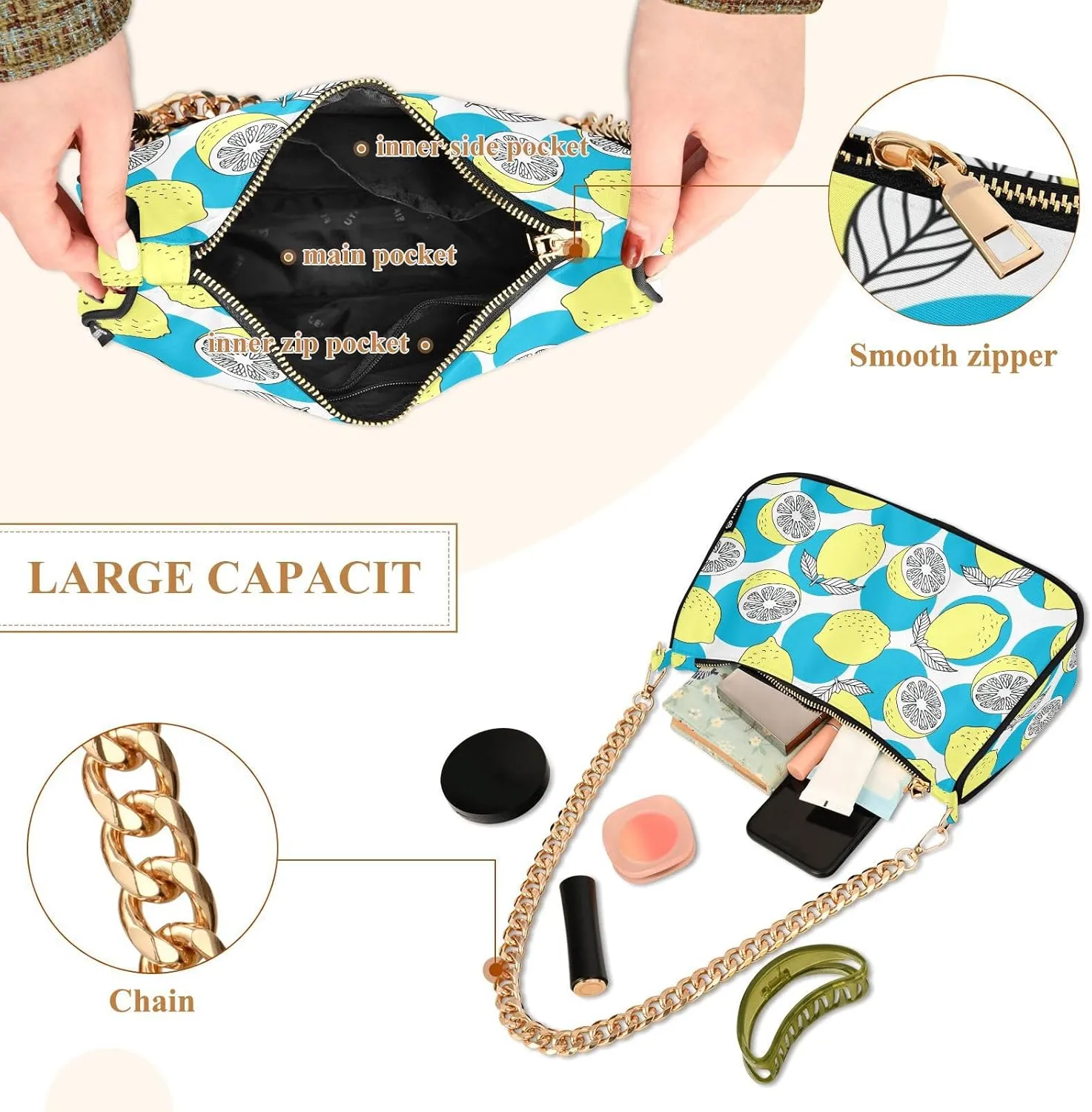 Women's Shoulder Handbags Chain Shoulder Brace for Women Bag Fruits Print Ladies Vacation Handbags Tote Purse,Multi1