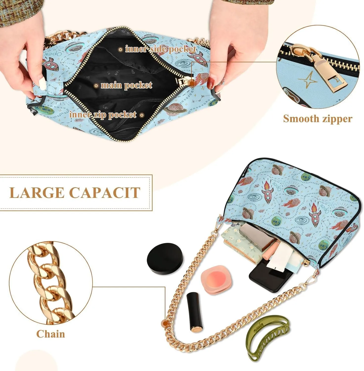 Women's Shoulder Handbags Chain Shoulder Brace for Women Bag Space Print Ladies Vacation Handbags Tote Purse,Multi1