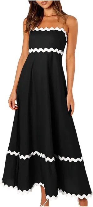 Womens Spaghetti Strap Sleeveless Rickrack Trim Dress Summer Casual Comfy A-Line Maxi Dress Vocation Flowy Long Dress