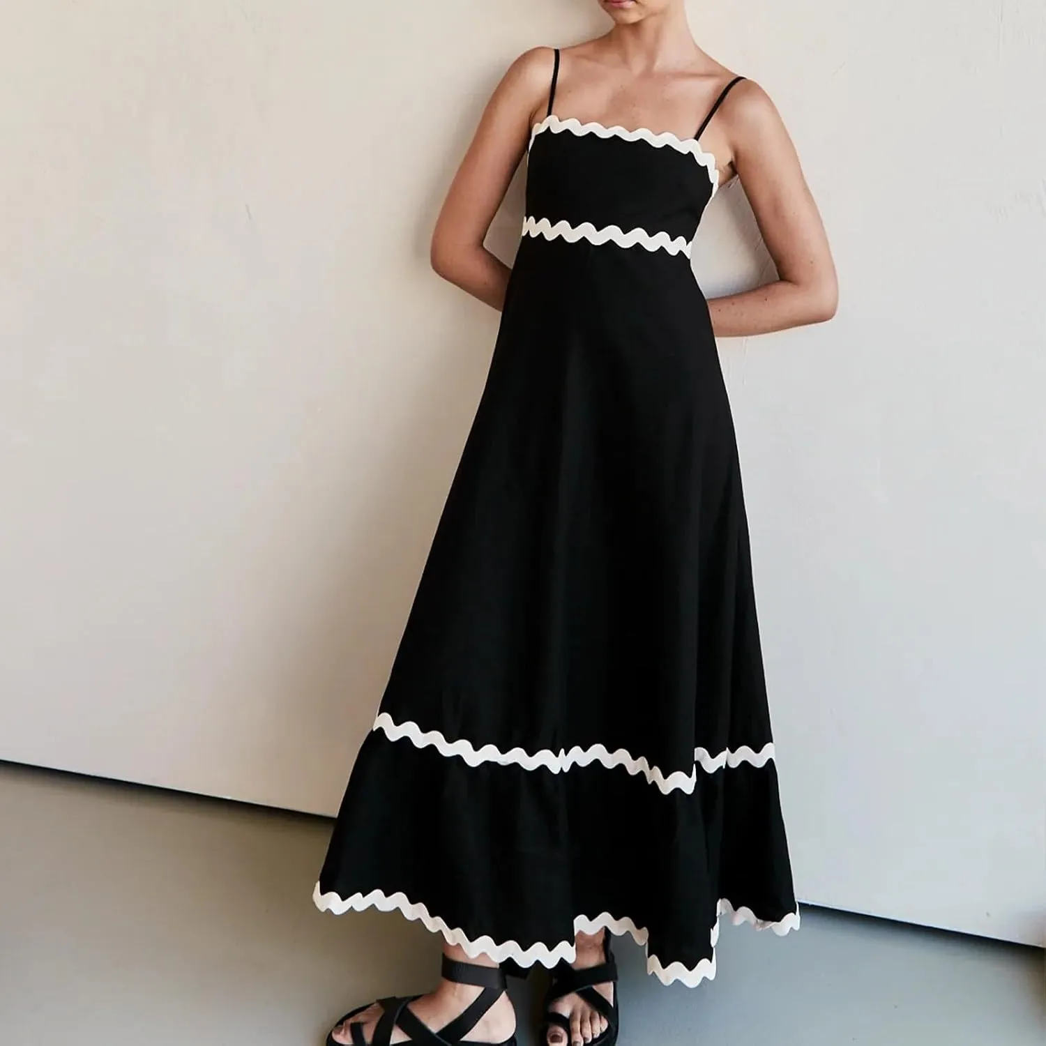 Womens Spaghetti Strap Sleeveless Rickrack Trim Dress Summer Casual Comfy A-Line Maxi Dress Vocation Flowy Long Dress
