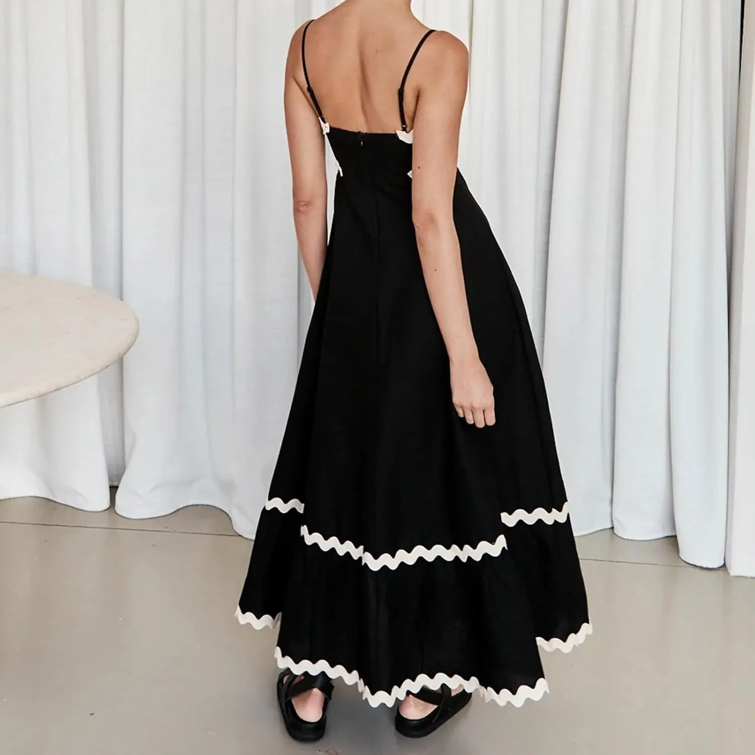 Womens Spaghetti Strap Sleeveless Rickrack Trim Dress Summer Casual Comfy A-Line Maxi Dress Vocation Flowy Long Dress