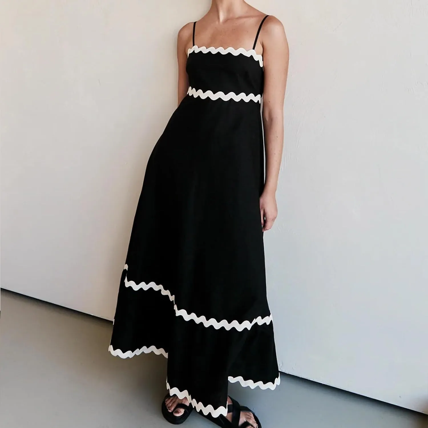 Womens Spaghetti Strap Sleeveless Rickrack Trim Dress Summer Casual Comfy A-Line Maxi Dress Vocation Flowy Long Dress
