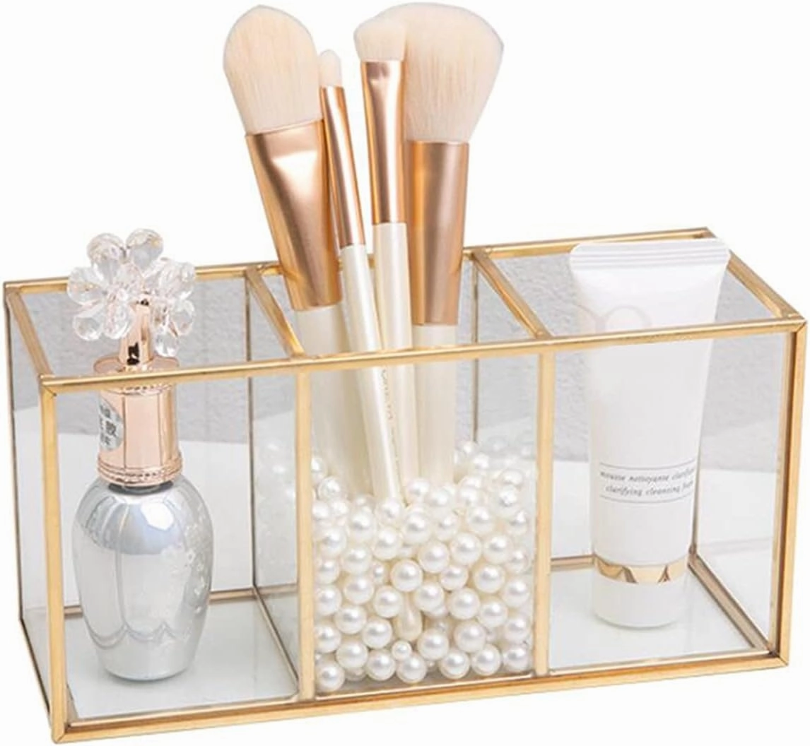 WQAZ Cosmetic Storage Box Transparent Glass Makeup Brush Storage Box Gold Cosmetics Container Ring Pencil Lipstick Holder Make Up Brushes Organizer Durable and Clean (Color : B)