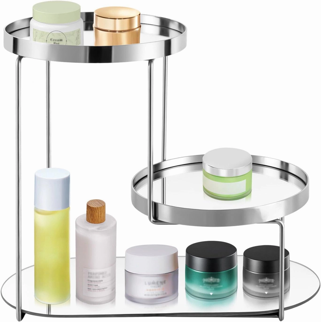 Xuthusman Bathroom Organizer Countertop, 3 Tiers Cosmetics Display Rack Freestanding Lipstick Trinkets Display Shelf Countertop Makeup Storage Organizer Mirror Perfume Tray Decor (Silver)