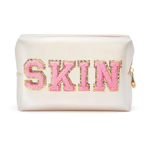 Y1tvei Preppy Patch SKIN Varsity Letter Cosmetic Toiletry Bag PU Leather Portable Makeup Bag Zipper Pouch Storage Purse Waterproof Organizer Gift for Women Teen Girls Daily Travel Use (Shell Gold)