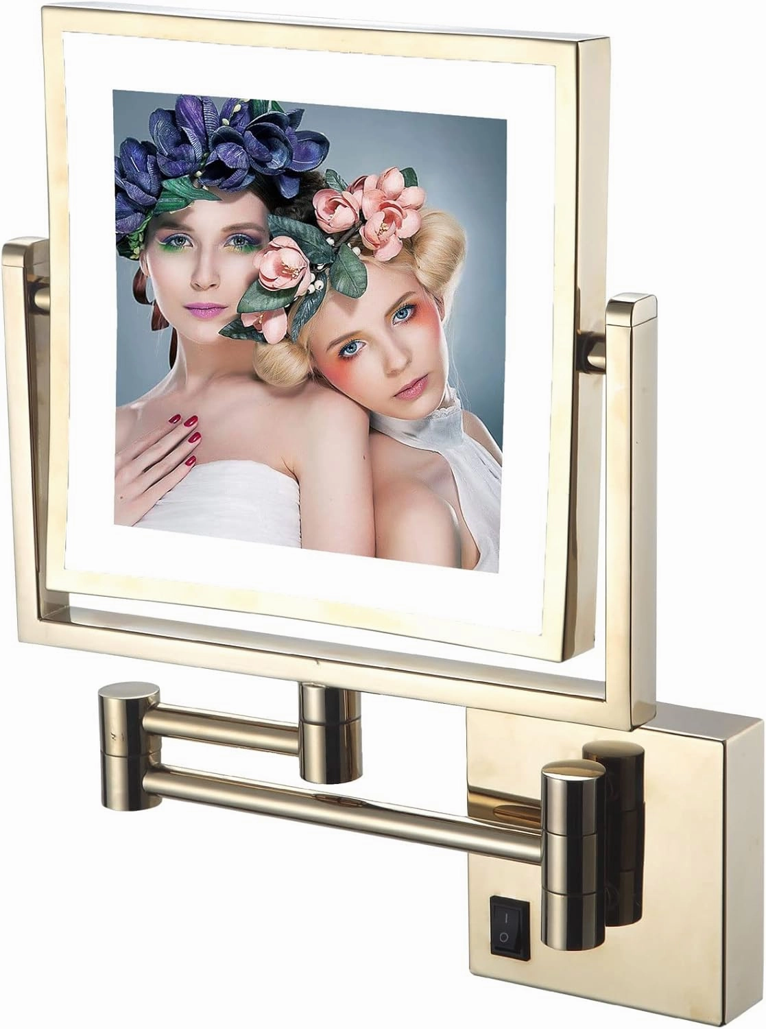 YSUEFIJO Wall Mounted Makeup Mirror, Cosmetic Mirror with Light and 3X Magnification, 8 Inch LED Bathroom Vanity Double Sided Mirror 360° Swivel with Retractable Arm (Gold Plug)