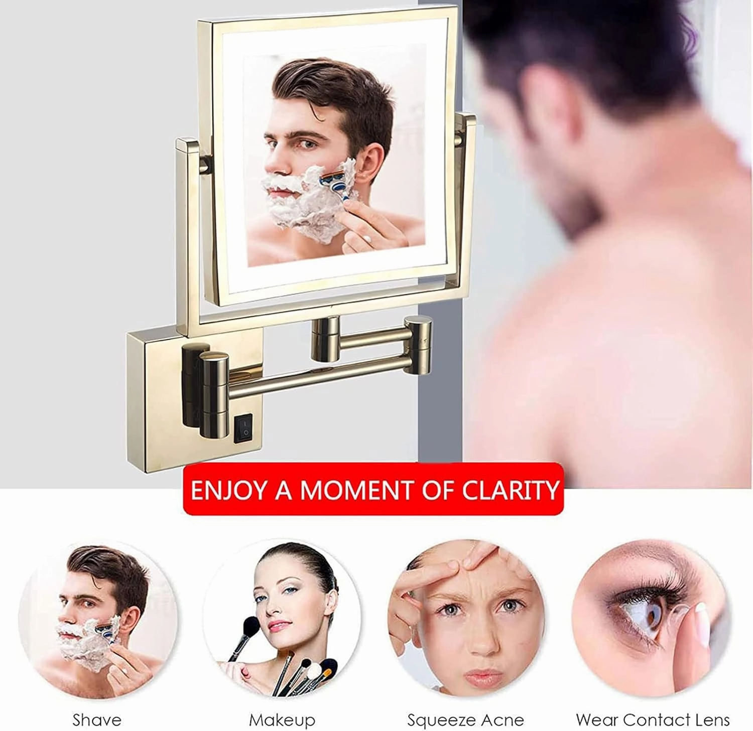 YSUEFIJO Wall Mounted Makeup Mirror, Cosmetic Mirror with Light and 3X Magnification, 8 Inch LED Bathroom Vanity Double Sided Mirror 360° Swivel with Retractable Arm (Gold Plug)