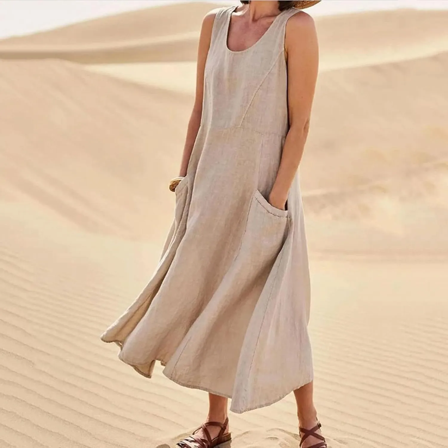 ZDRZK Western Dress for Women Sleeveless Tank Cotton Linen T-Shirts Dress Pocket Flowy Long Hawaiian Sundresses Trendy 2024