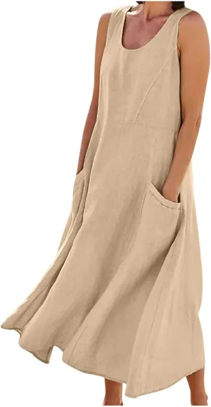 ZDRZK Western Dress for Women Sleeveless Tank Cotton Linen T-Shirts Dress Pocket Flowy Long Hawaiian Sundresses Trendy 2024