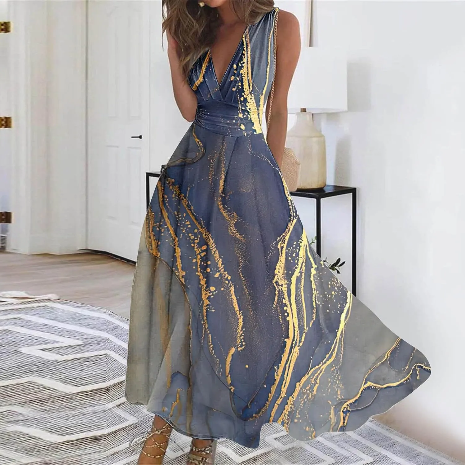 ZDRZK Women's Casual Dresses Sleeveless Wrapped Chest Maxi Dresses Marble Print Sexy Flowy Summer Dresses Trendy 2024