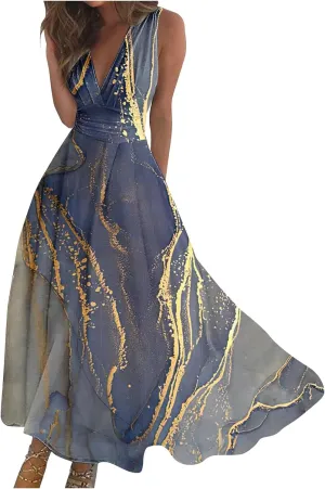 ZDRZK Women's Casual Dresses Sleeveless Wrapped Chest Maxi Dresses Marble Print Sexy Flowy Summer Dresses Trendy 2024