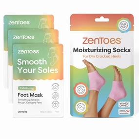 ZenToes Foot Care Kit – Exfoliating Foot Mask for Dry Cracked Feet with Urea, Niacinamide & Rose Extract (3 Pairs)   Hydrating Heel Socks with Vitamin E and Olive Oil (Fuzzy Pink)