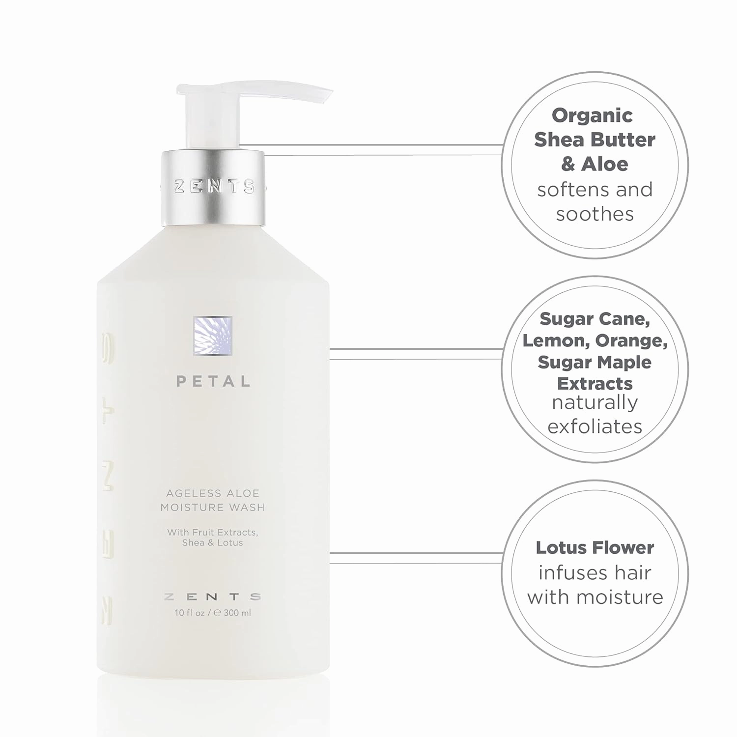 Zents Hand & Body Wash (Petal Fragrance) | Hydrating Anti-Aging Cleanser with Organic Shea Butter & Aloe for Dry Skin | Gentle & Nourishing | 10 fl oz